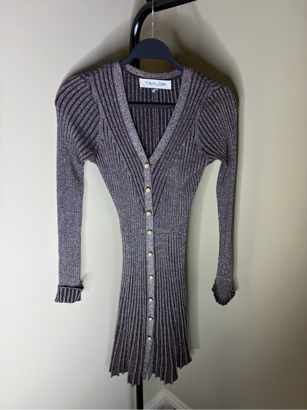 Taylor Olive-Brown Ribbed Button-Front Mini Dress - Picture 2 of 4